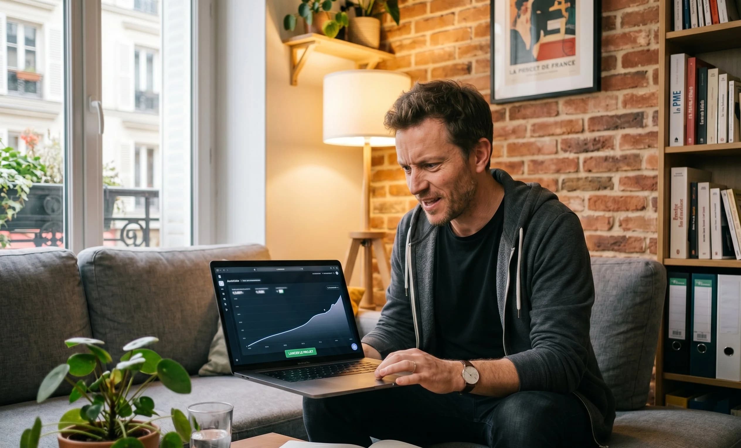 Fondateur de startup sur son canapé observant la courbe de trafic SEO grimper grâce à son employé IA backlinks