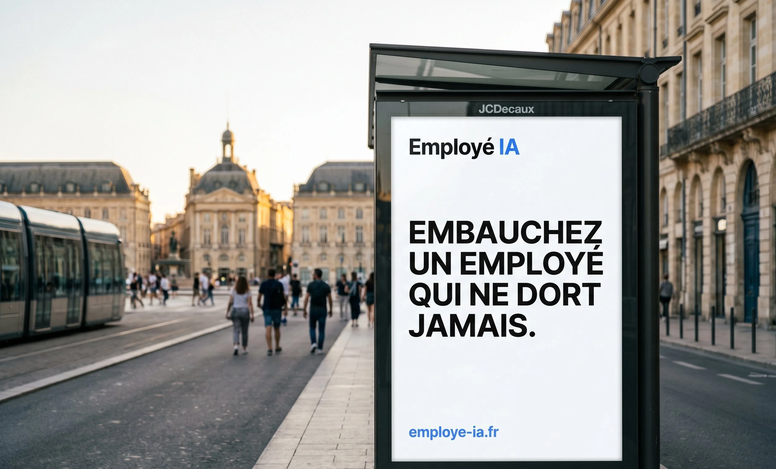Affiche Employé IA sur un abribus JCDecaux à Bordeaux avec la Place de la Bourse en arrière-plan et le tram bordelais