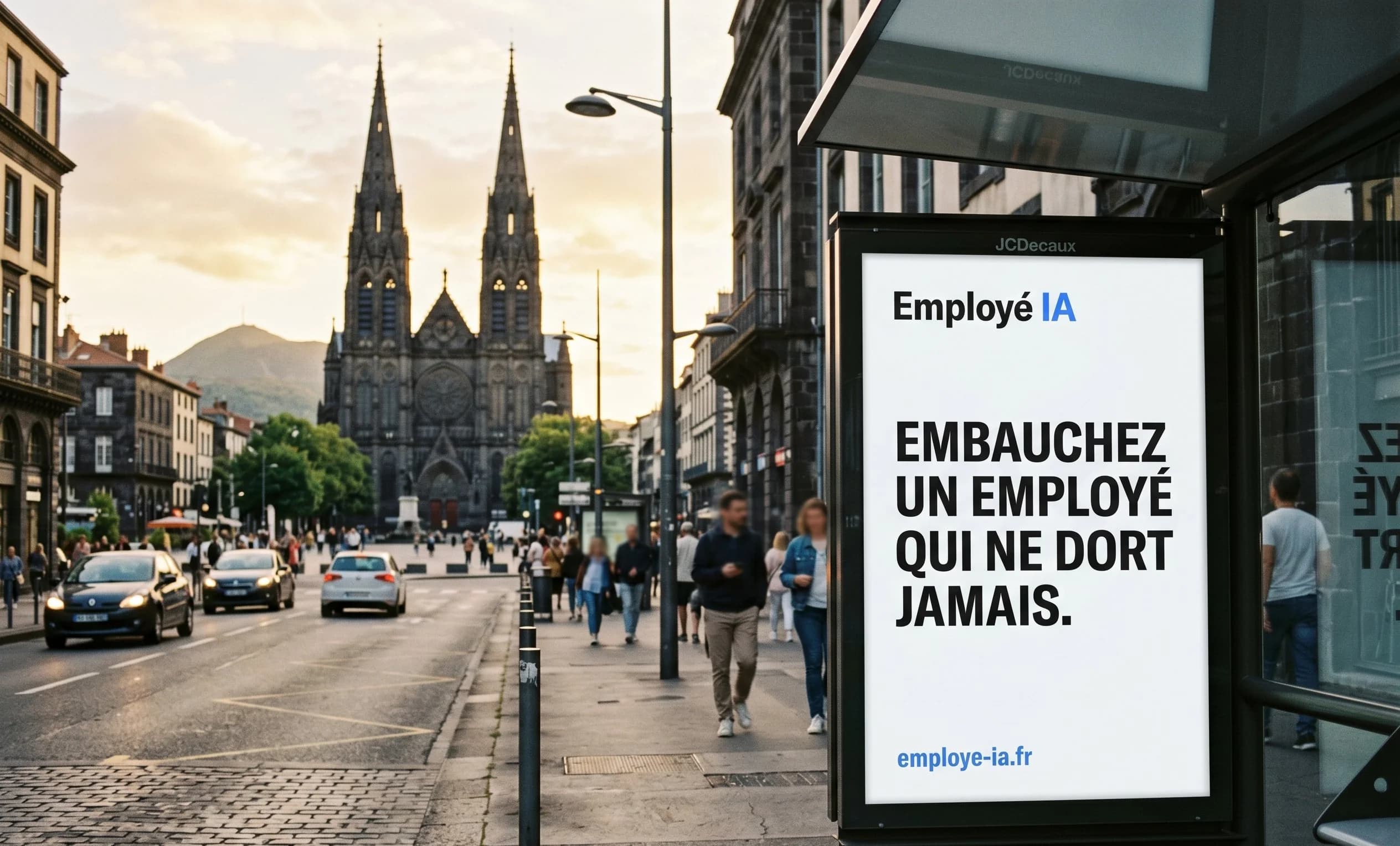 Affiche Employé IA sur un abribus JCDecaux à Clermont-Ferrand avec la cathédrale Notre-Dame-de-l'Assomption en pierre noire volcanique en arrière-plan