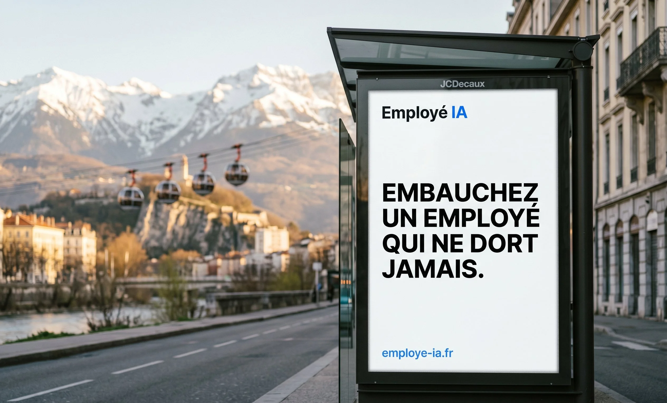 Affiche Employé IA sur un abribus JCDecaux à Grenoble avec les montagnes enneigées de Belledonne et les bulles du téléphérique de la Bastille en arrière-plan