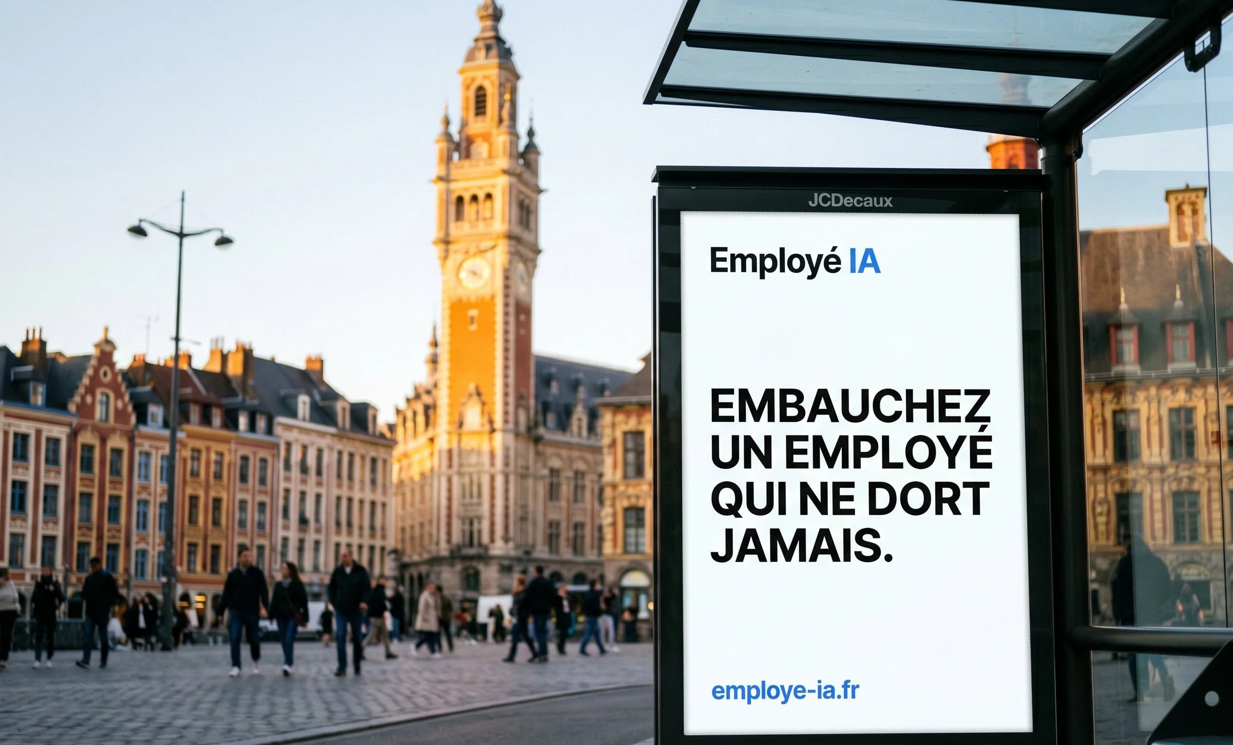 Affiche Employé IA sur un abribus JCDecaux à Lille avec le Beffroi de la Chambre de Commerce et les pignons flamands de la Grand Place en arrière-plan