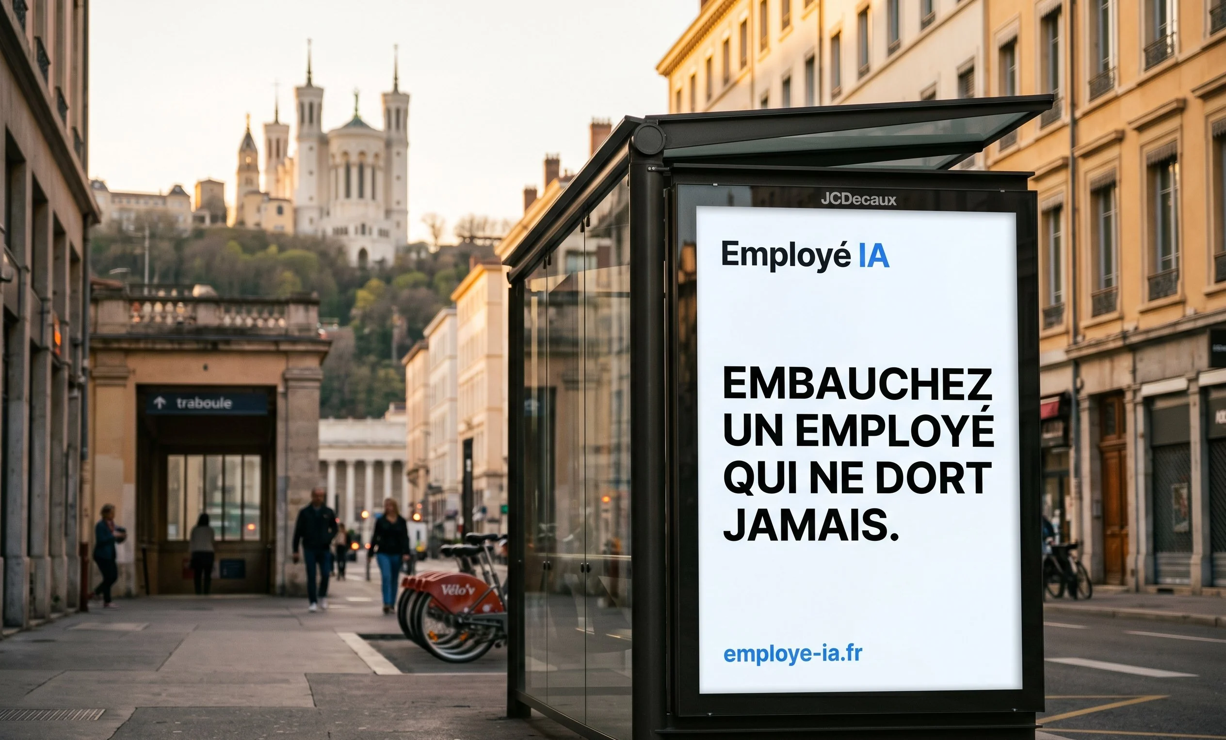 Affiche Employé IA sur un abribus JCDecaux à Lyon avec la basilique Notre-Dame de Fourvière en arrière-plan et l'entrée d'une traboule