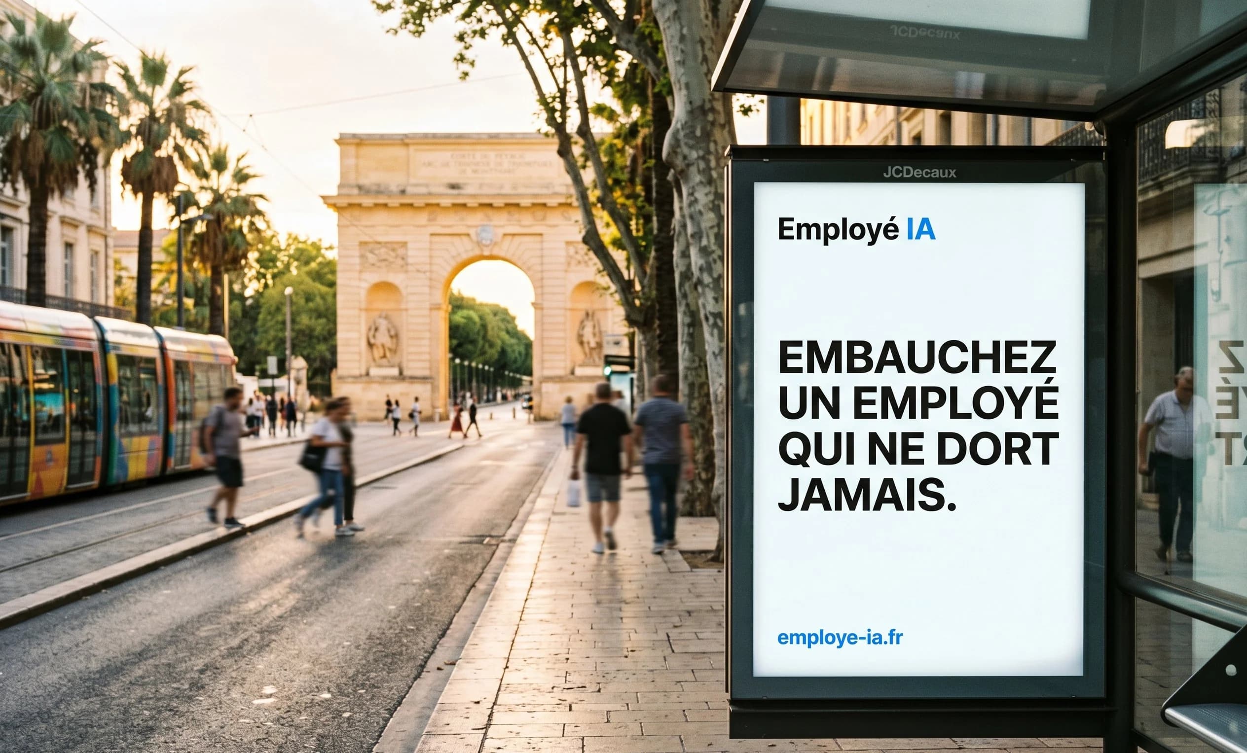 Affiche Employé IA sur un abribus JCDecaux à Montpellier avec la Porte du Peyrou (Arc de Triomphe) et les palmiers méditerranéens en arrière-plan
