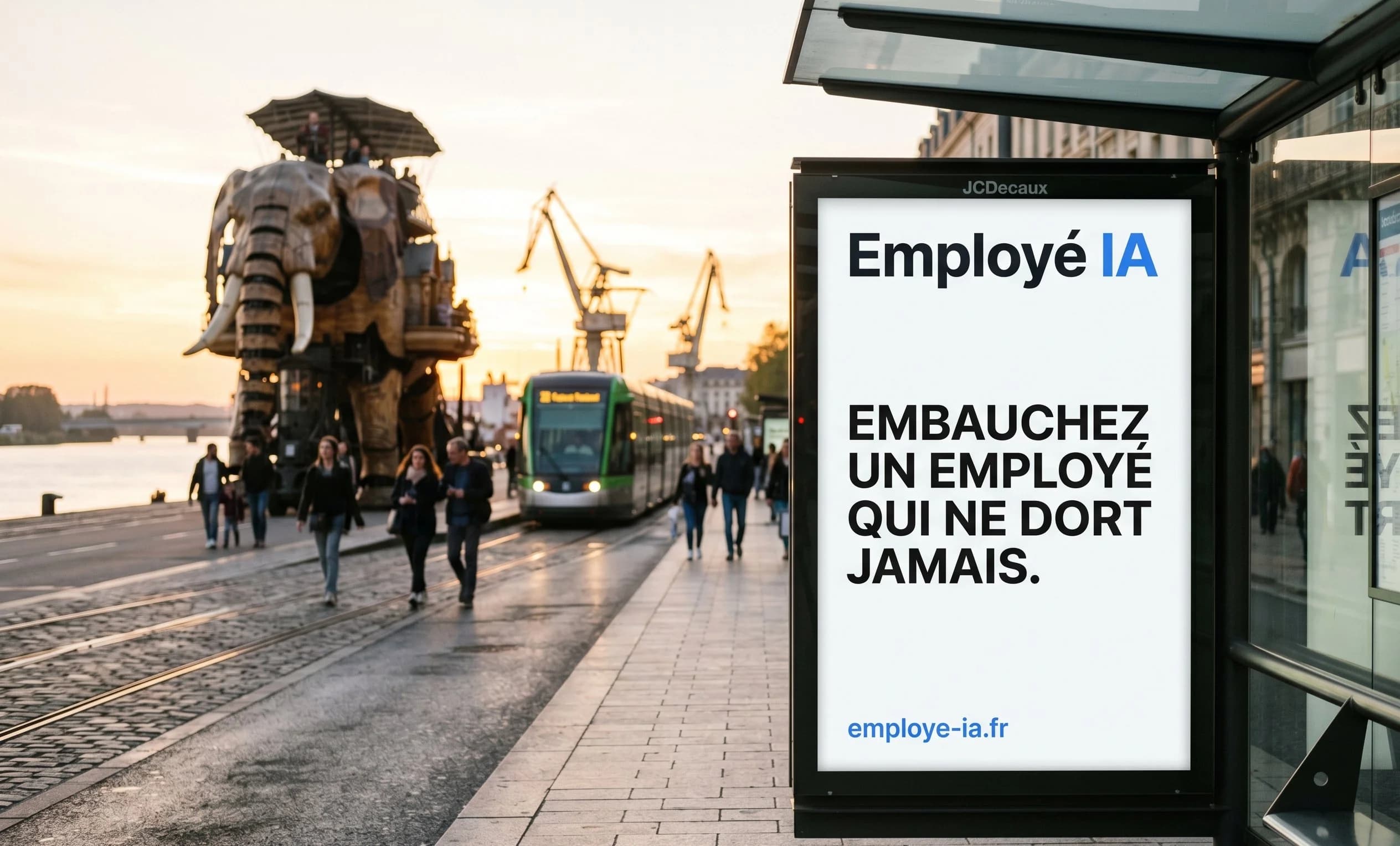 Affiche Employé IA sur un abribus JCDecaux à Nantes avec le Grand Éléphant des Machines de l'Île et les anciennes grues du chantier naval en arrière-plan