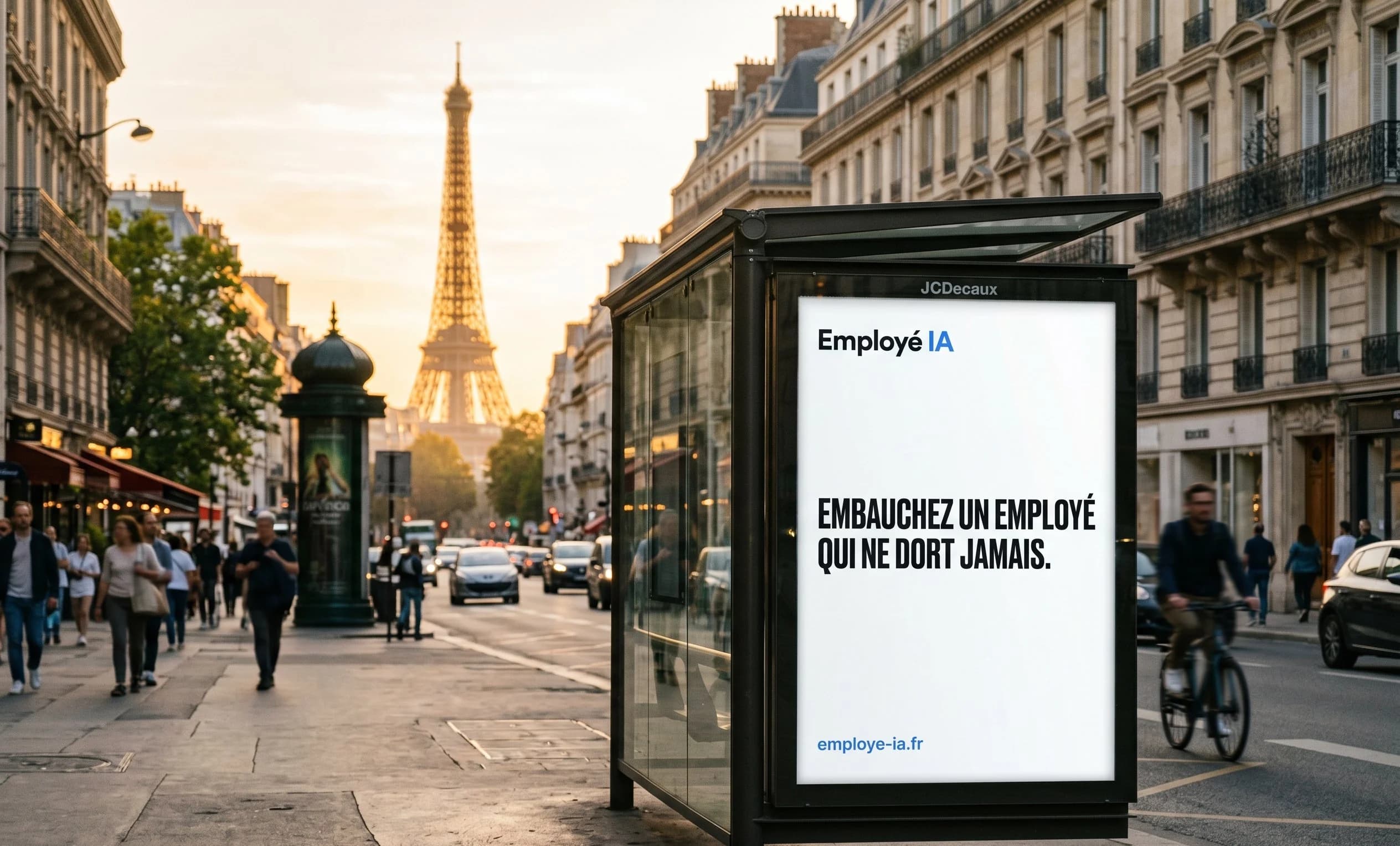 Affiche Employé IA sur un abribus JCDecaux à Paris avec la Tour Eiffel en arrière-plan au coucher du soleil