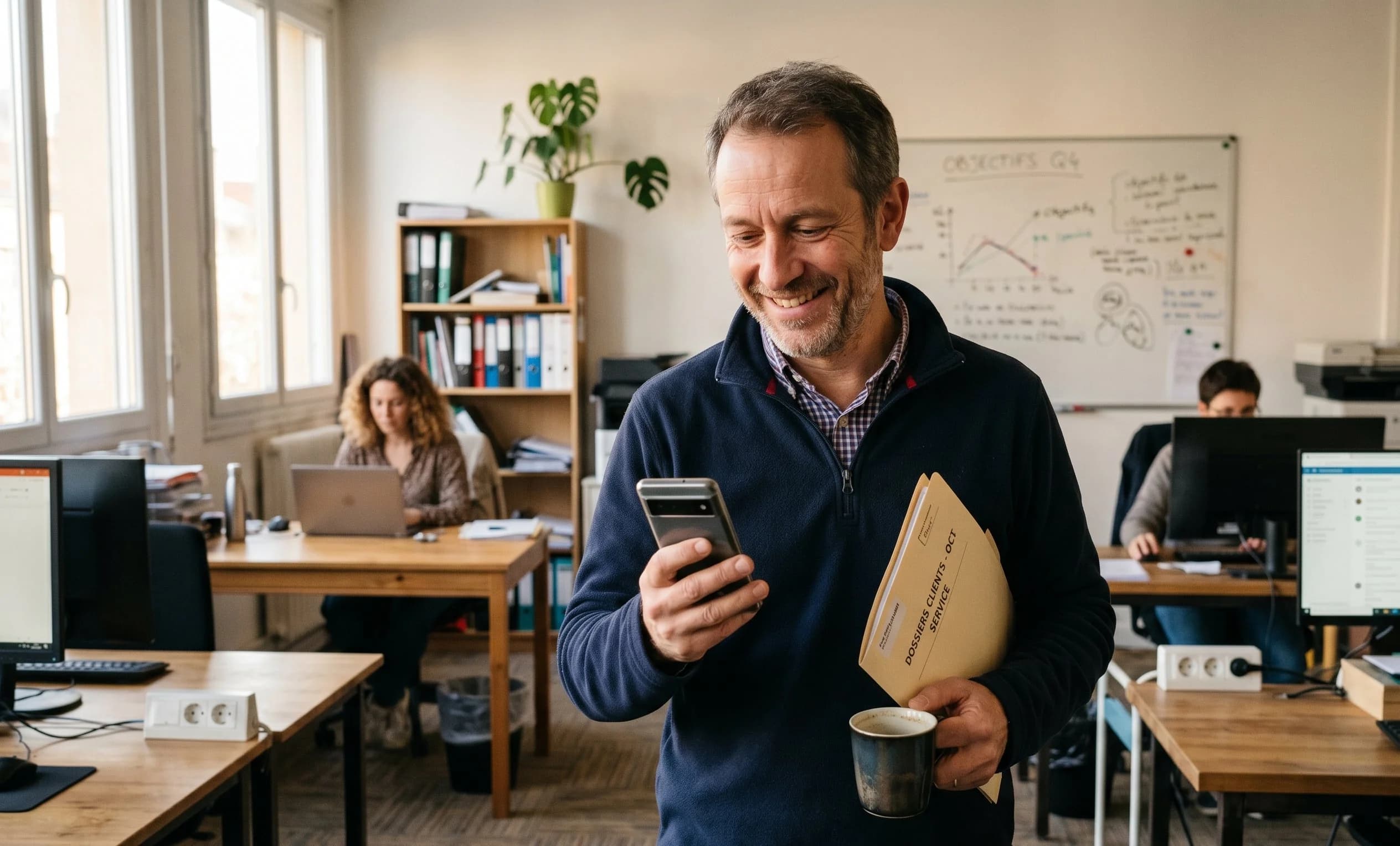 Dirigeant d'une PME française dans son open-space avec son équipe, briefing matinal sur smartphone préparé par son employé IA