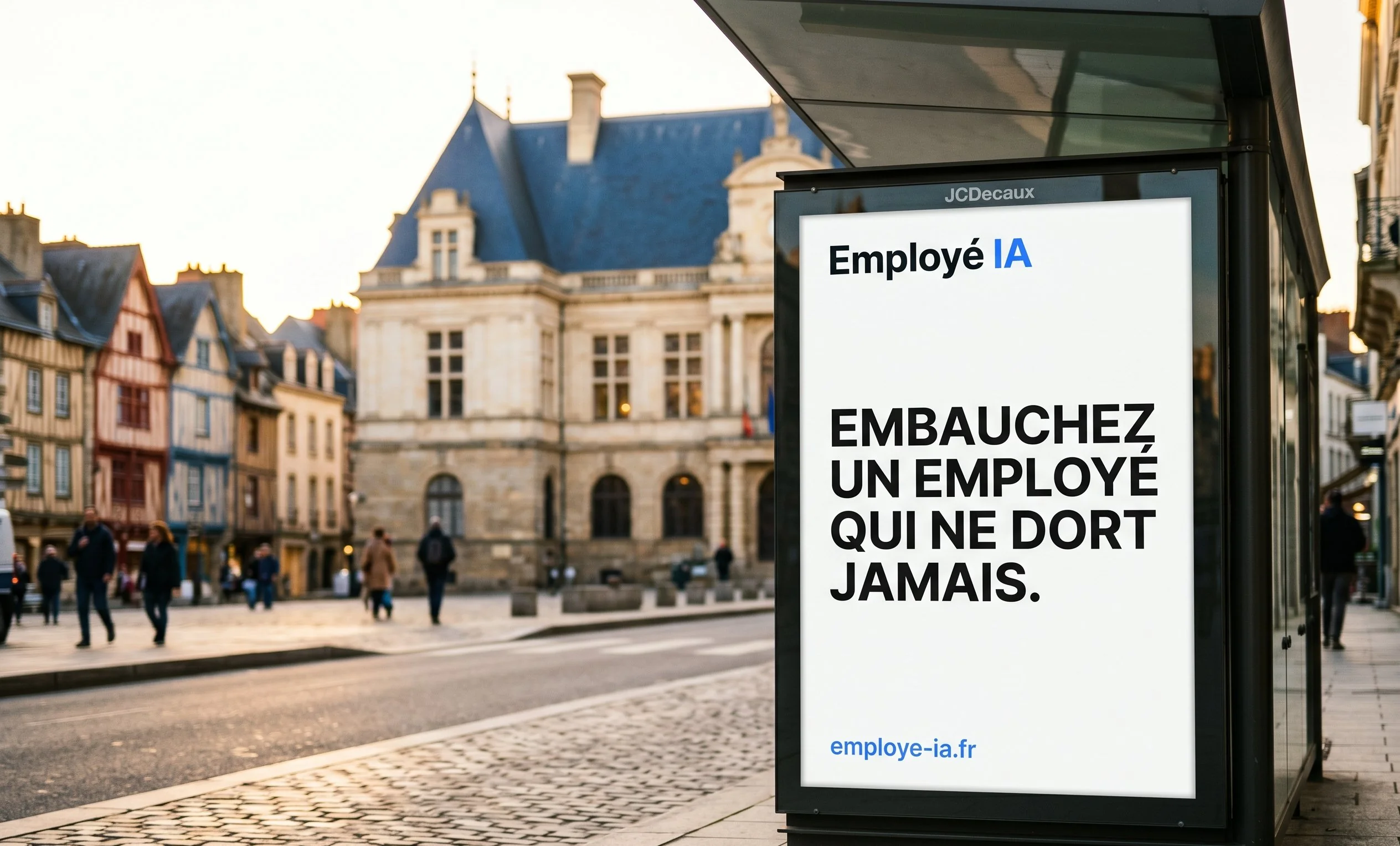 Affiche Employé IA sur un abribus JCDecaux à Rennes avec le Parlement de Bretagne et son toit en ardoise bleue en arrière-plan
