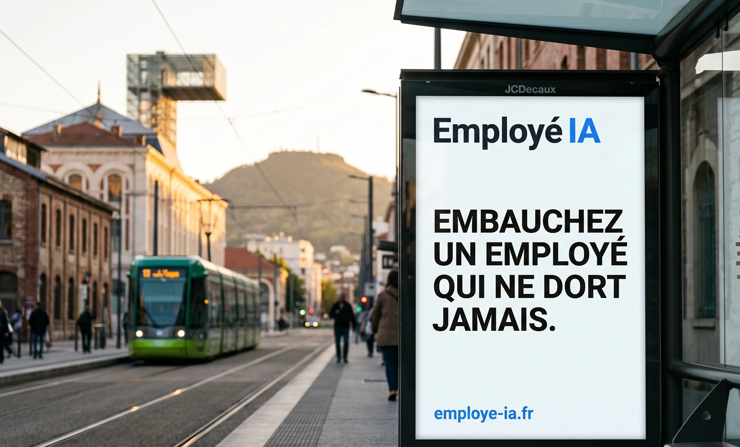 Affiche Employé IA sur un abribus JCDecaux à Saint-Étienne avec le tram vert STAS, les façades industrielles brique-pierre et les collines stéphanoises en arrière-plan