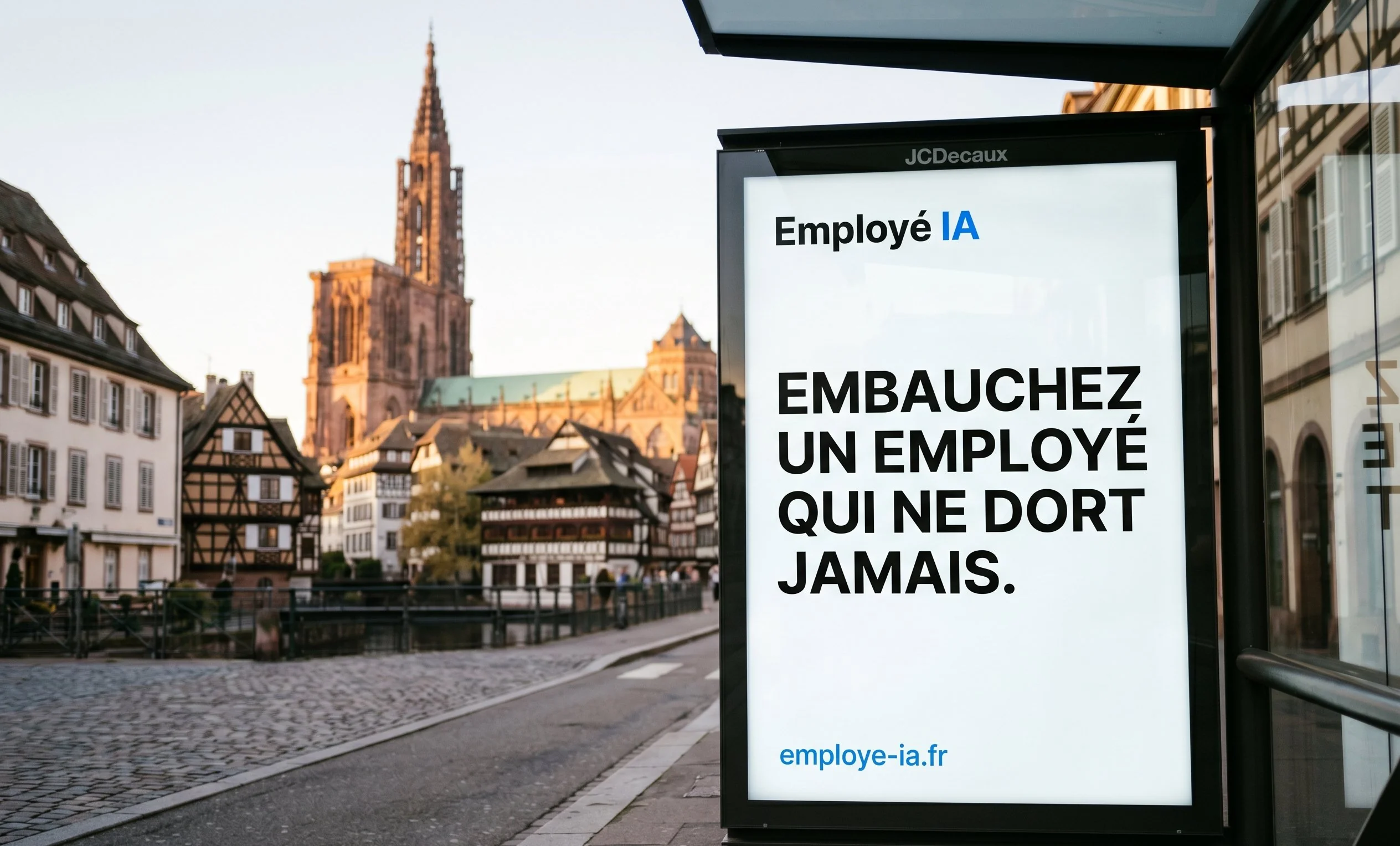 Affiche Employé IA sur un abribus JCDecaux à Strasbourg avec la cathédrale Notre-Dame en grès rose et les maisons à colombages de la Petite France en arrière-plan