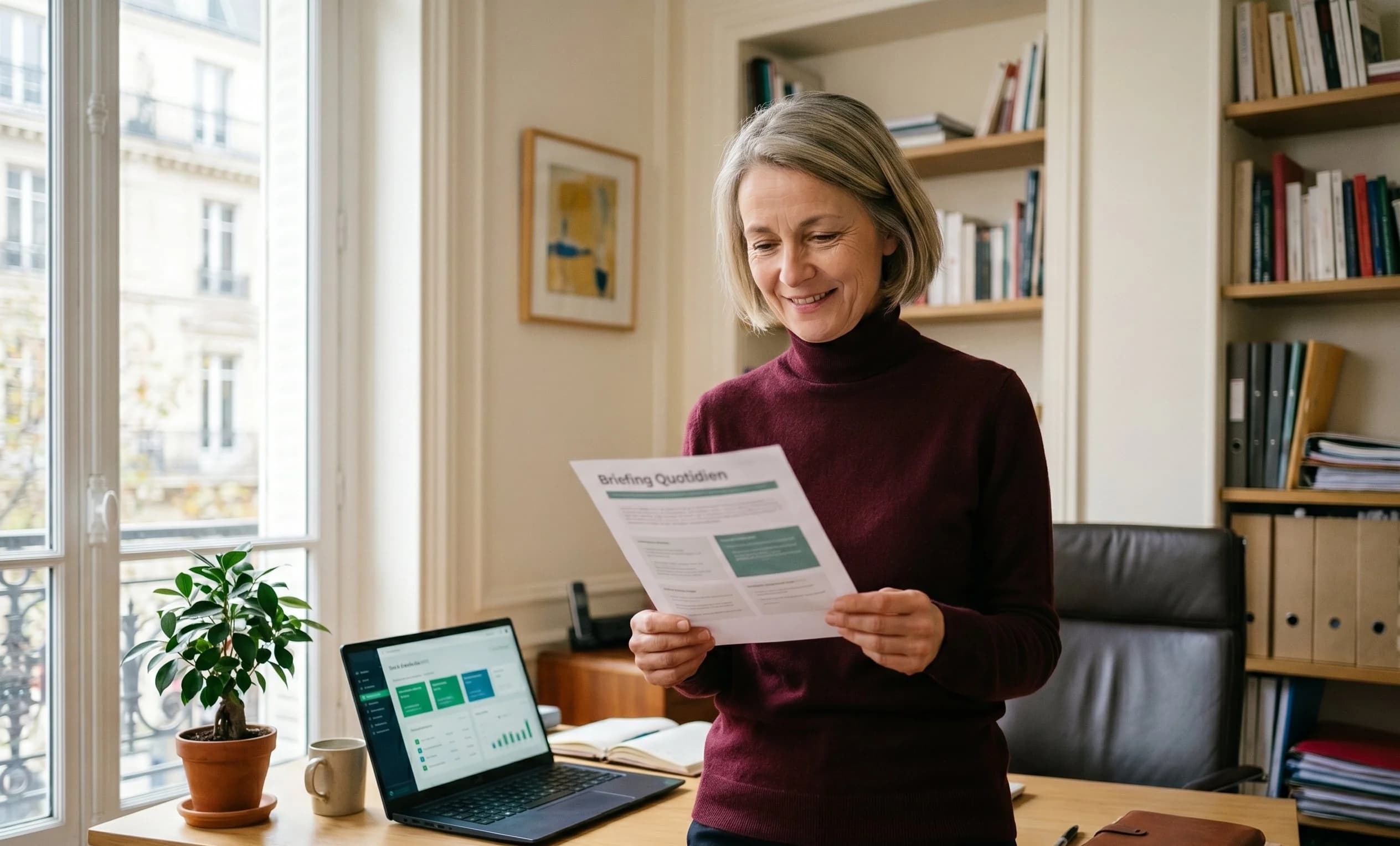Dirigeante de PME debout dans son bureau, briefing matinal en main préparé par son super assistant IA