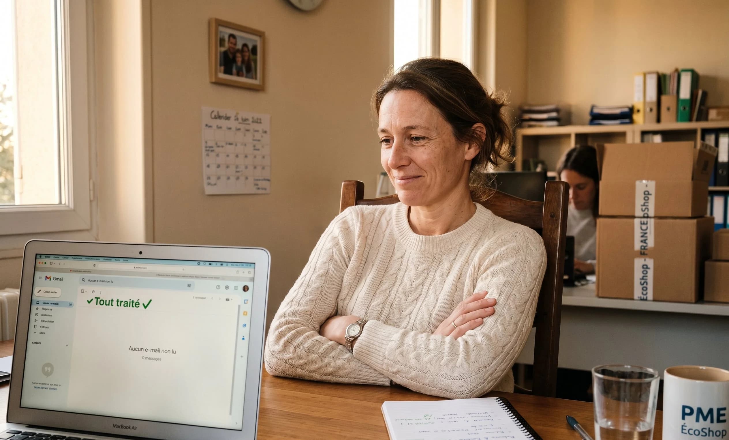 Responsable support d'une PME e-commerce, bras croisés détendue devant une boîte mail entièrement traitée par son employé IA