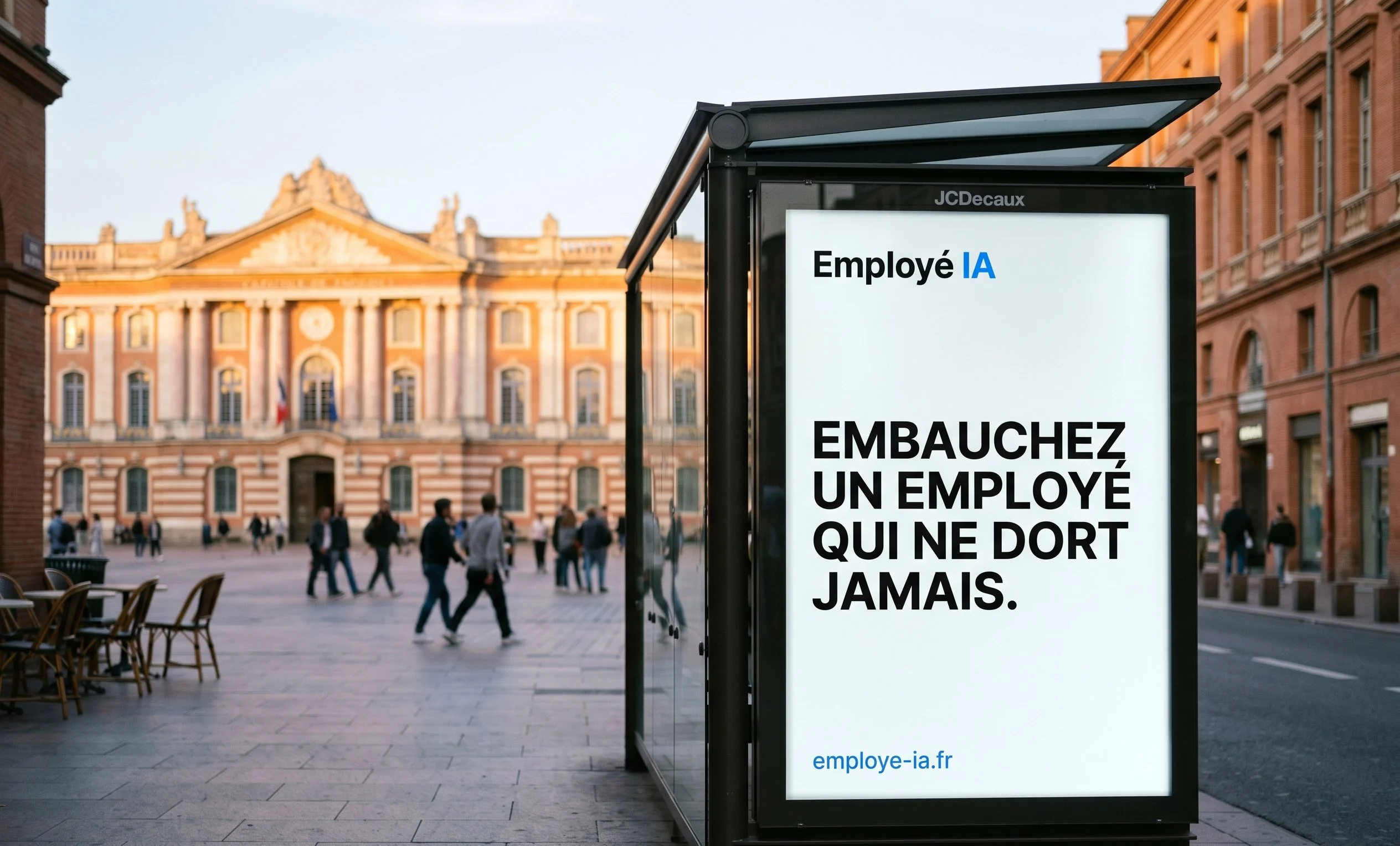 Affiche Employé IA sur un abribus JCDecaux à Toulouse avec la Place du Capitole et sa façade en brique rose en arrière-plan