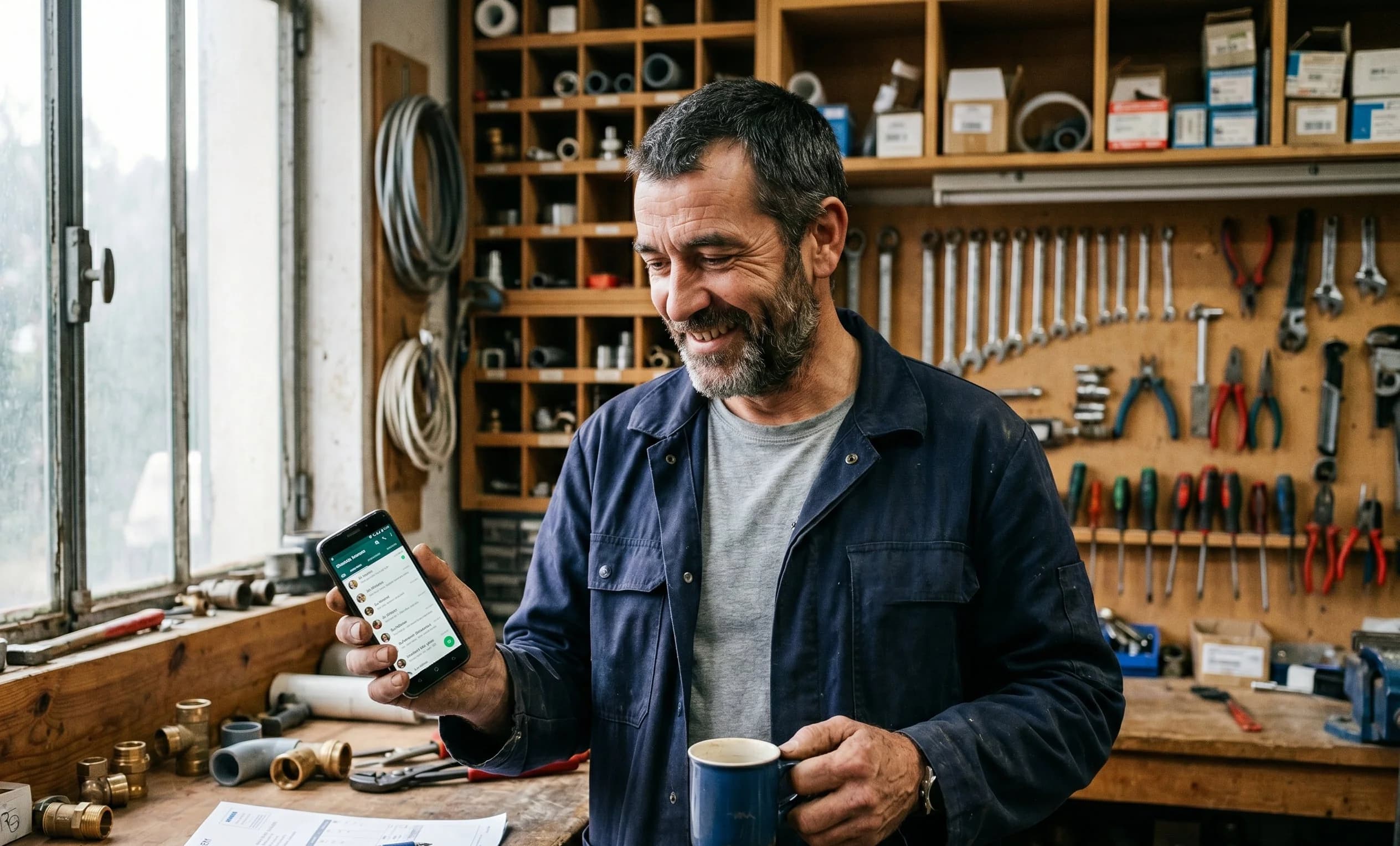 Artisan dans son atelier consultant son smartphone, conversations WhatsApp clients gérées automatiquement par son employé IA