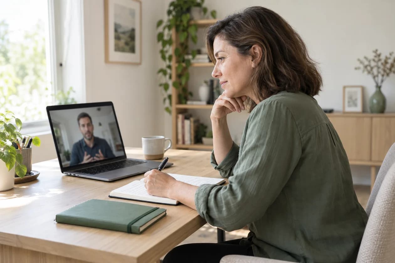 Illustration : une dirigeante échange avec un consultant en visioconférence