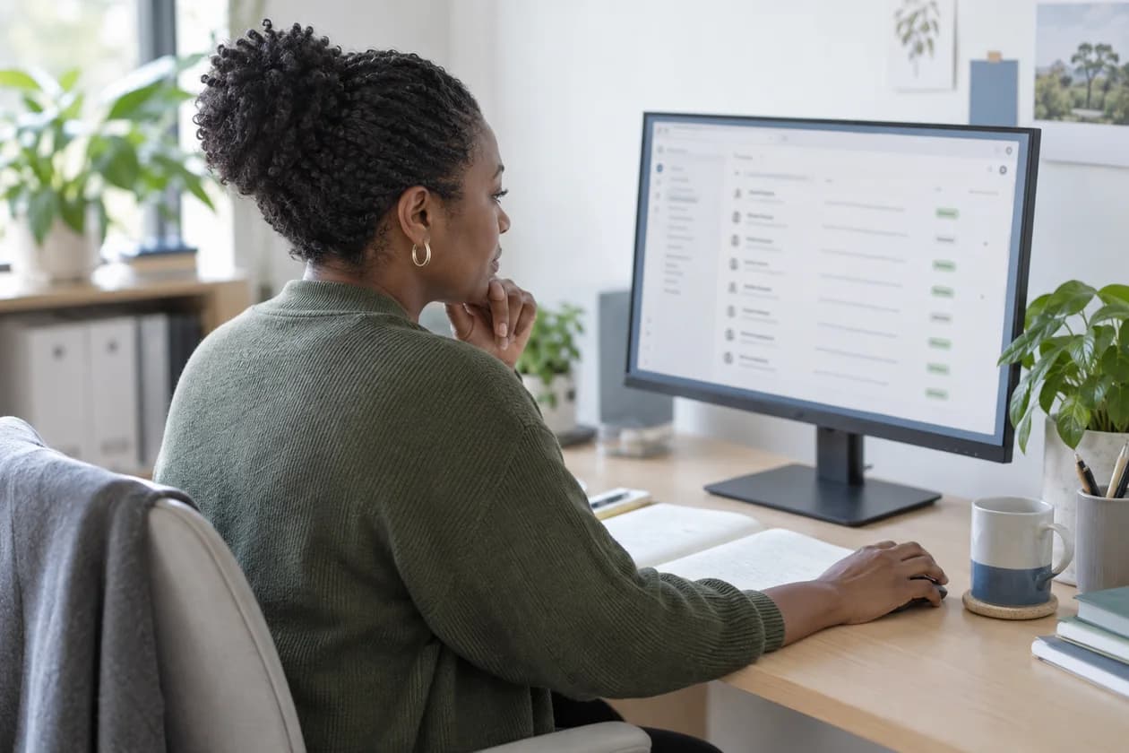 Illustration : une responsable support examine une demande client sur écran
